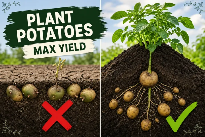 Split-screen of shallow-planted seed potatoes with green-shouldered tubers versus correctly planted potatoes with hilled soil and clean buried tubers.