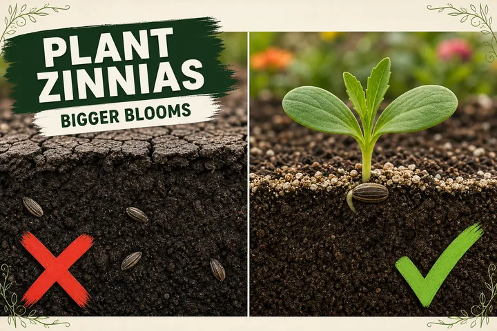 Split-screen showing a zinnia seed buried too deep with no germination versus a seed barely covered with a quarter inch of soil sprouting fast in warm light.