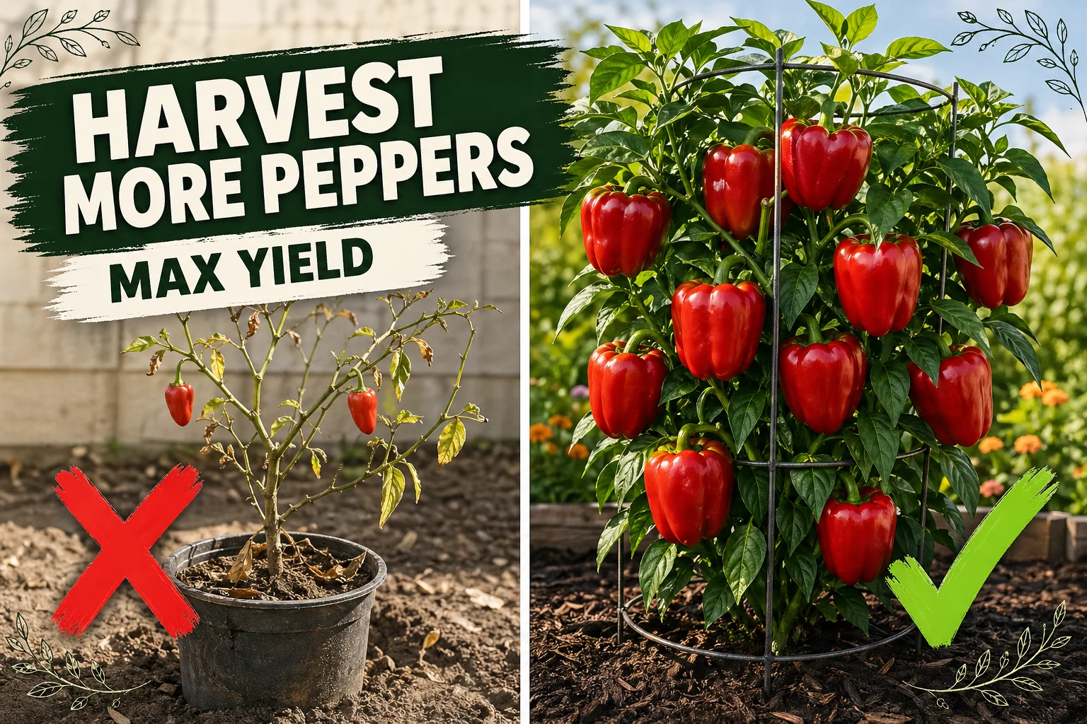 Split-screen of a sparse pepper plant with 2-3 small fruits versus a lush plant loaded with 8-10 glossy red peppers.