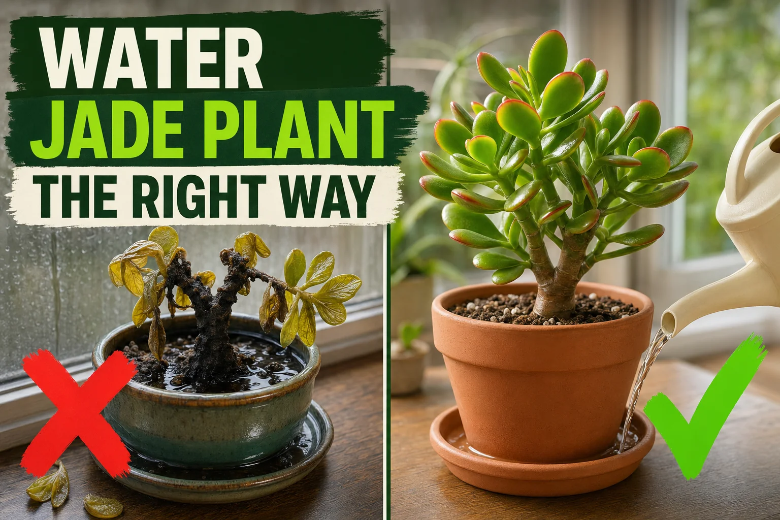 Split-screen showing a yellow shriveled jade plant in waterlogged soil on the left versus a thriving glossy jade in a clean terracotta pot on the right.