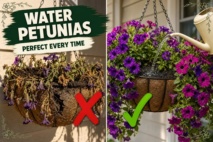 Split-screen of wilted petunias with crispy brown blooms versus thriving purple petunias cascading from a healthy hanging basket.