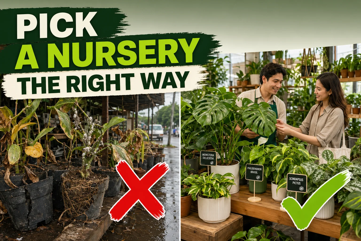 Split-screen showing a sketchy roadside plant stand with sad neglected plants on the left and a clean nursery with healthy labeled houseplants on the right.