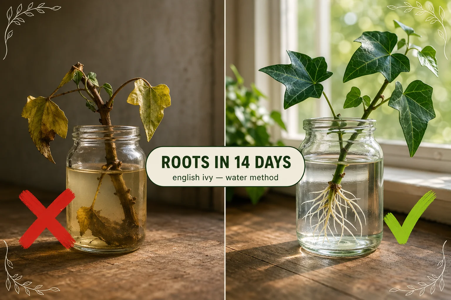Split-screen of a wilted English ivy cutting in cloudy water on the left versus a thriving cutting rooting in a clean glass jar on the right.