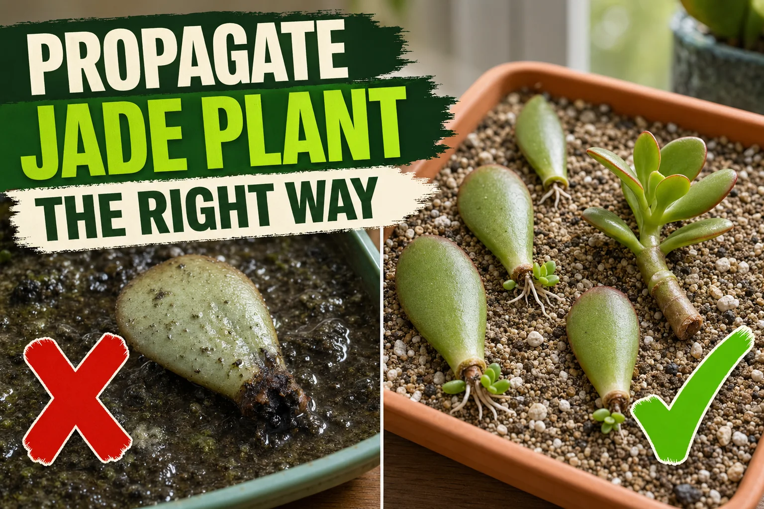 Split-screen showing a rotting jade leaf in soggy soil on the left and calloused leaves rooting cleanly on dry cactus mix on the right.