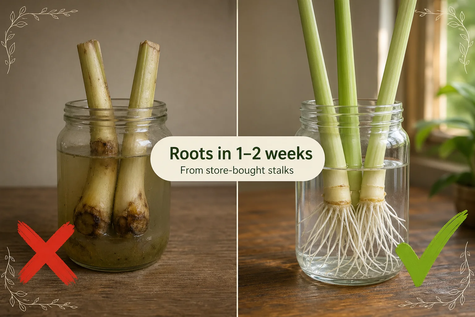 Split-screen of a rotting lemongrass stalk with slimy base on the left versus fresh lemongrass stalks growing white roots in a clear glass of water on the