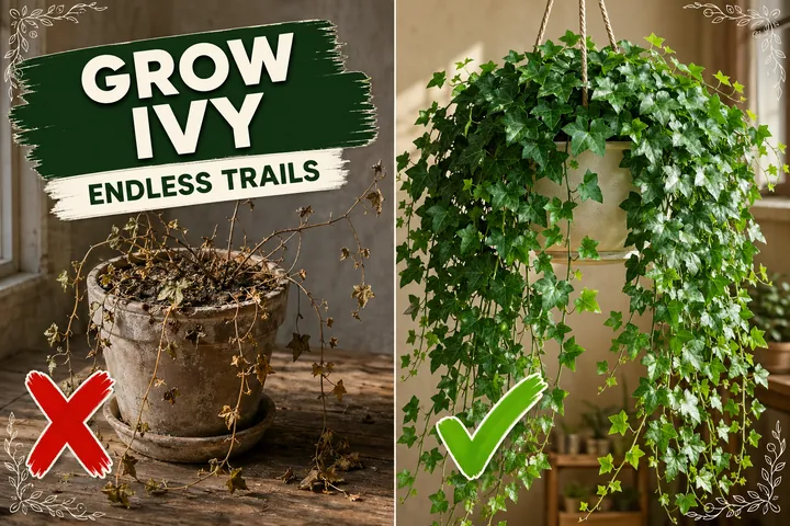 Split-screen ivy: sparse leggy dry English ivy with crispy leaves versus lush cascading Hedera helix trailing from a hanging cream pot.