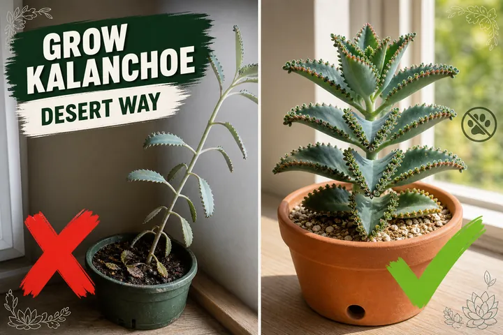 Split-screen mother of thousands: a stretched etiolated Kalanchoe daigremontiana on the left versus a compact upright plant fringed with plantlets on the right.