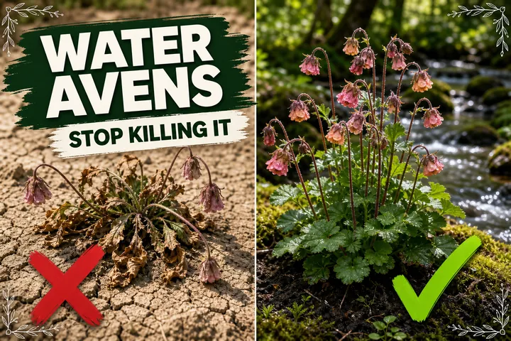 Split-screen water avens: a wilted Geum rivale on dry soil versus a thriving clump of nodding rose-pink water avens along a damp streamside in dappled shade.